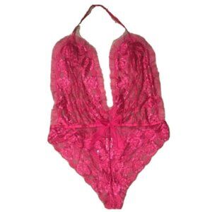 Adore Me Sierra Mesh Ruffle & Bow Floral Lace Sheer Teddy Raspberry Wine Red 3XL